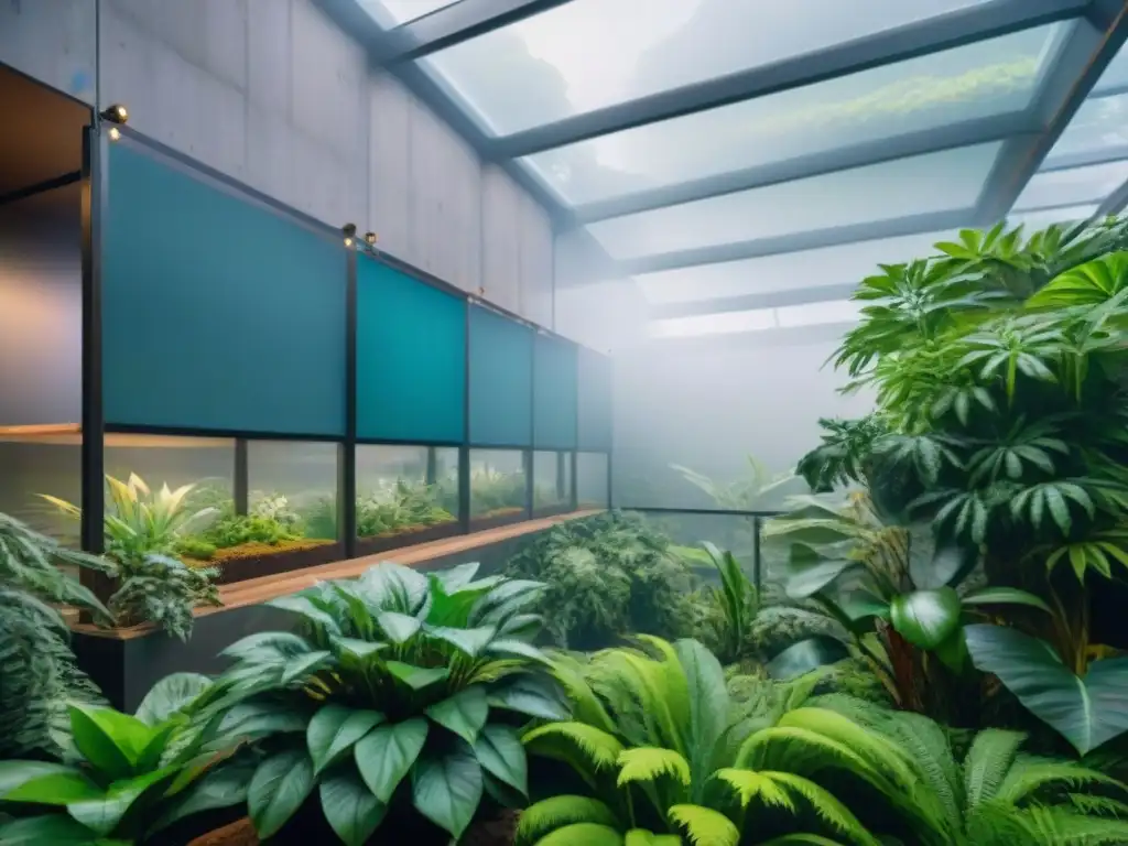 Hábitat hightech para cría de animales exóticos: futurista y exuberante Un hábitat futurista para cría de exóticos con tecnología avanzada y exuberante vegetación