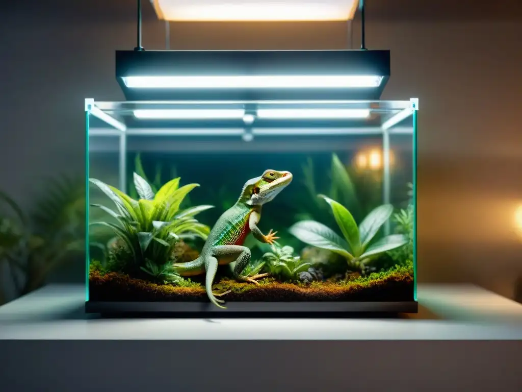 Hábitat natural para lagarto: vivario espacioso y acogedor Un hábitat iluminado naturalmente para lagartos en casa, con plantas, rocas y una lámpara de calor