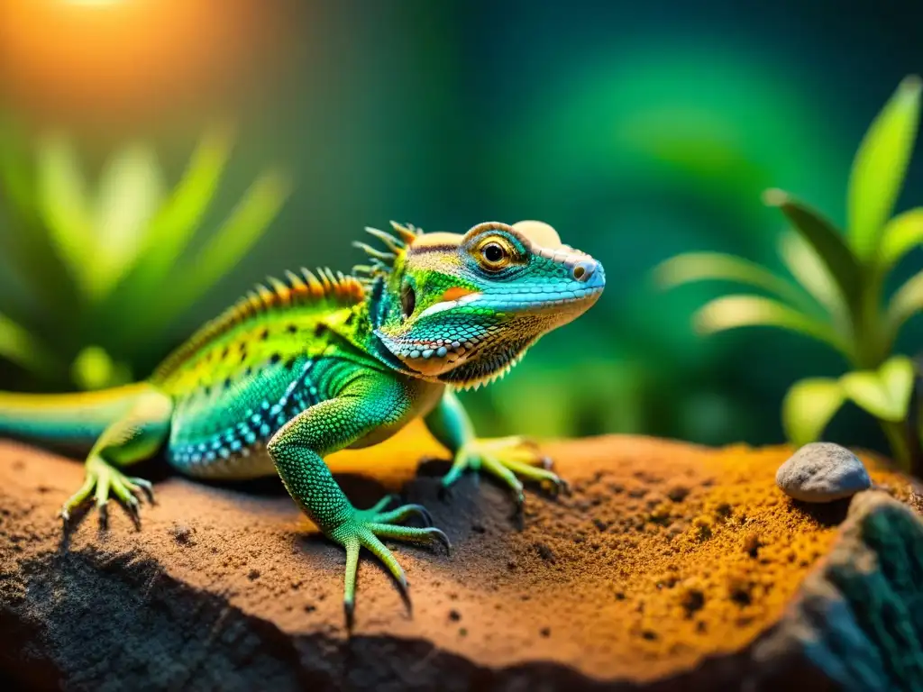 Terrario tropical para lagarto: luz ideal y bienestar Un hábitat tropical exuberante en un terrario para lagartos, con iluminación natural para lagartos en casa