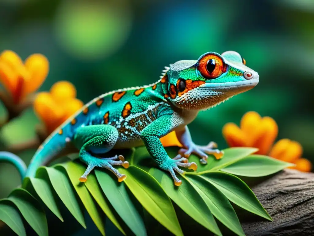 Espectacular hábitat de geckos vibrantes en una imagen fotorealista Un hábitat vibrante de geckos en una diversidad de colores arcoíris, bajo la luz del sol entre follaje tropical