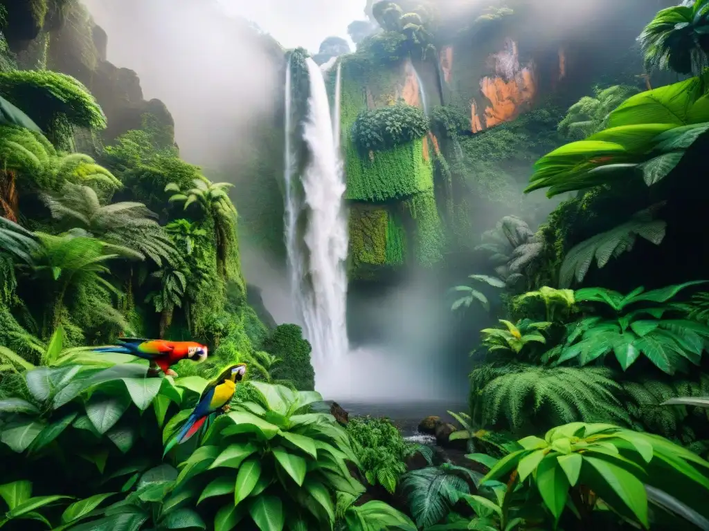 Hábitat exótico: loros, reptiles y monos en la selva Un hábitat vibrante de mascotas exóticas en la selva con loros coloridos, reptiles elegantes y monos juguetones, destacando sus necesidades