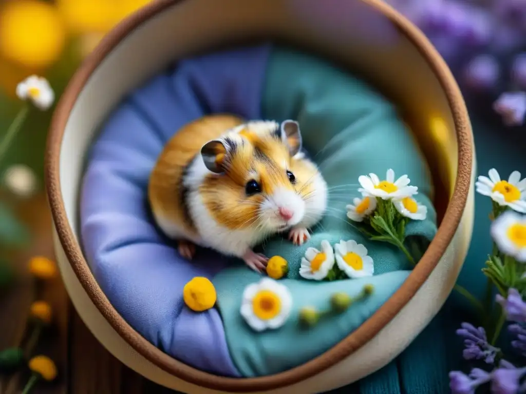 Hamster durmiendo en cama de hierbas Un hamster durmiendo en una cama de remedios homeopáticos, con luz cálida y acogedora