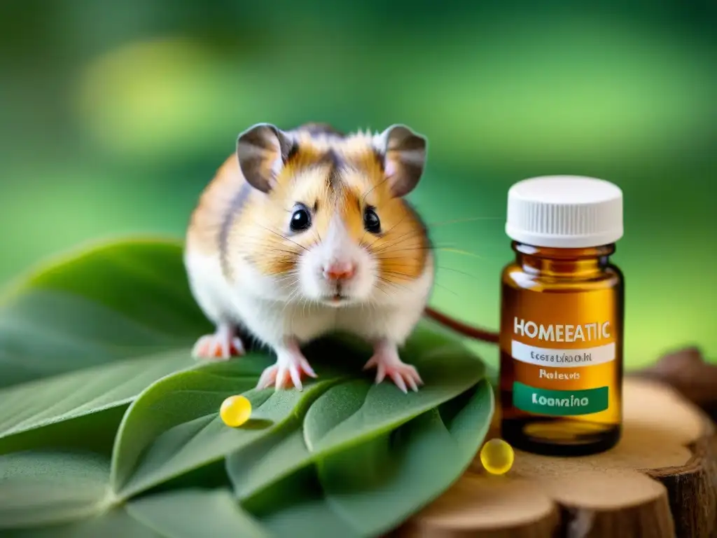 Hamster en hoja verde con remedios homeopáticos detallados Un hamster detallado sobre hoja verde rodeado de remedios homeopáticos