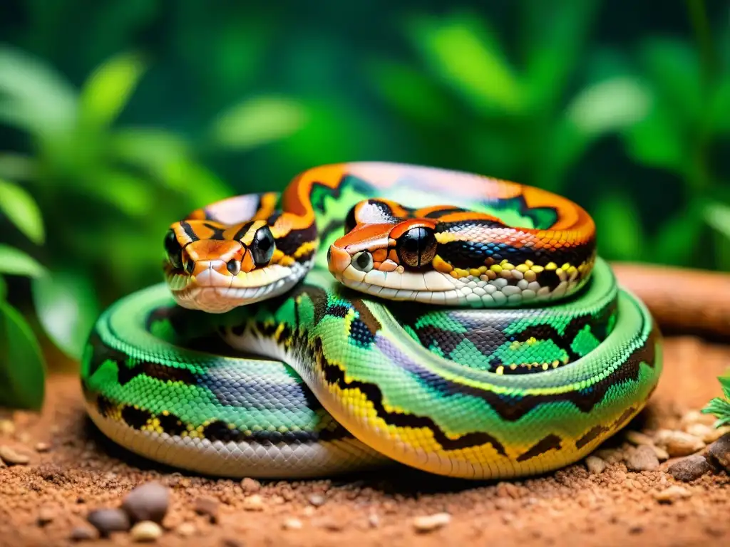 Baos constrictores en ritual de apareamiento en terrario exuberante Una hermosa imagen de criar serpientes en cautiverio, con dos boas entrelazadas en un ritual de apareamiento en un terrario exuberante