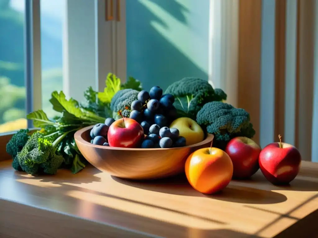 Deliciosa variedad de frutas y verduras frescas en bowl de madera Una hermosa mezcla de frutas y verduras frescas en un tazón de madera, perfectas para recetas caseras para psitaciformes