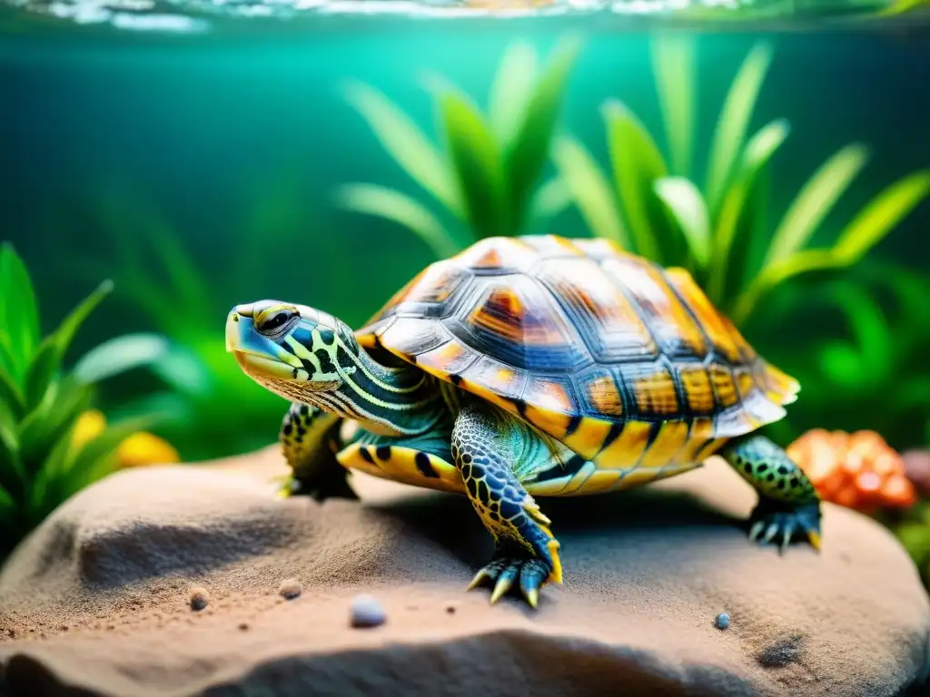 Hábitat exótico de tortugas: detallado y vibrante Hermoso hábitat de tortugas exóticas con alimentación óptima