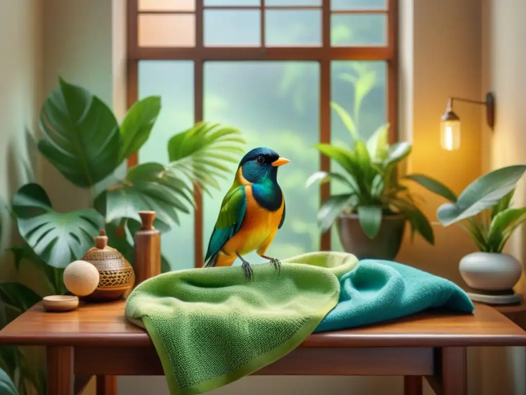 Un hogar acogedor para una ave exótica sénior, rodeada de plantas verdes y juguetes, bajo la cálida luz del sol