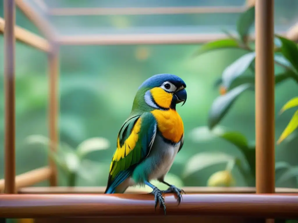 Un hogar acogedor con un aviario espacioso y una ave exótica sénior rodeada de cuidados y juguetes