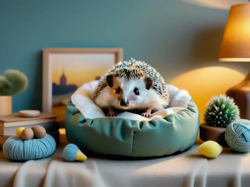 Acogedora convivencia: erizo en su cama rodeado de juguetes y mantas Un hogar acogedor con un erizo mascota adorable en su cama, rodeado de mantas y juguetes miniatura
