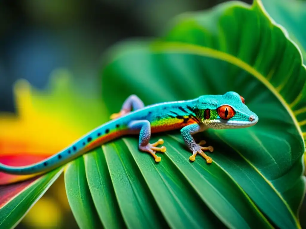 Gecko arcoíris: detalle fascinante en hoja verde Gecko arcoíris en hoja verde, mostrando diversidad de colores y patrones en escamas, reflejando la belleza de las especies geckos