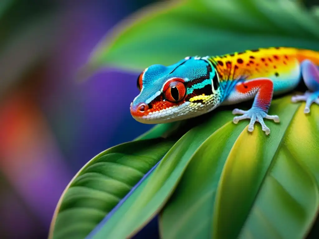 Gecko arcoíris: belleza caleidoscópica en la naturaleza Un gecko arcoíris en hoja verde