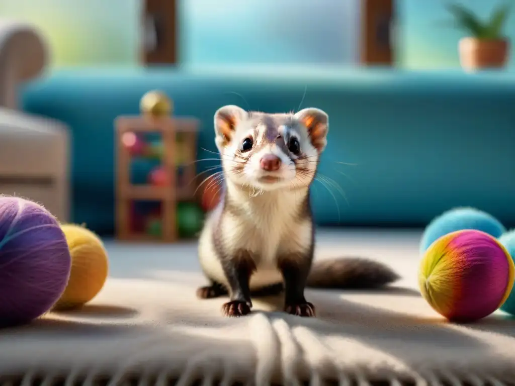Encantador hurón curioso explorando su hogar lleno de juguetes Un hurón curioso y juguetón explora su hogar lleno de juguetes coloridos, reflejando el cuidado experto en hurones mascotas exóticas