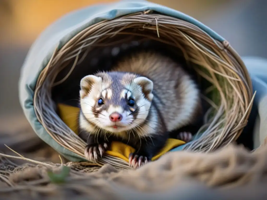 Curioso hurón en su nido, expresando alerta y curiosidad Un hurón curioso en su nido, mostrando lenguaje corporal alerta e interesado