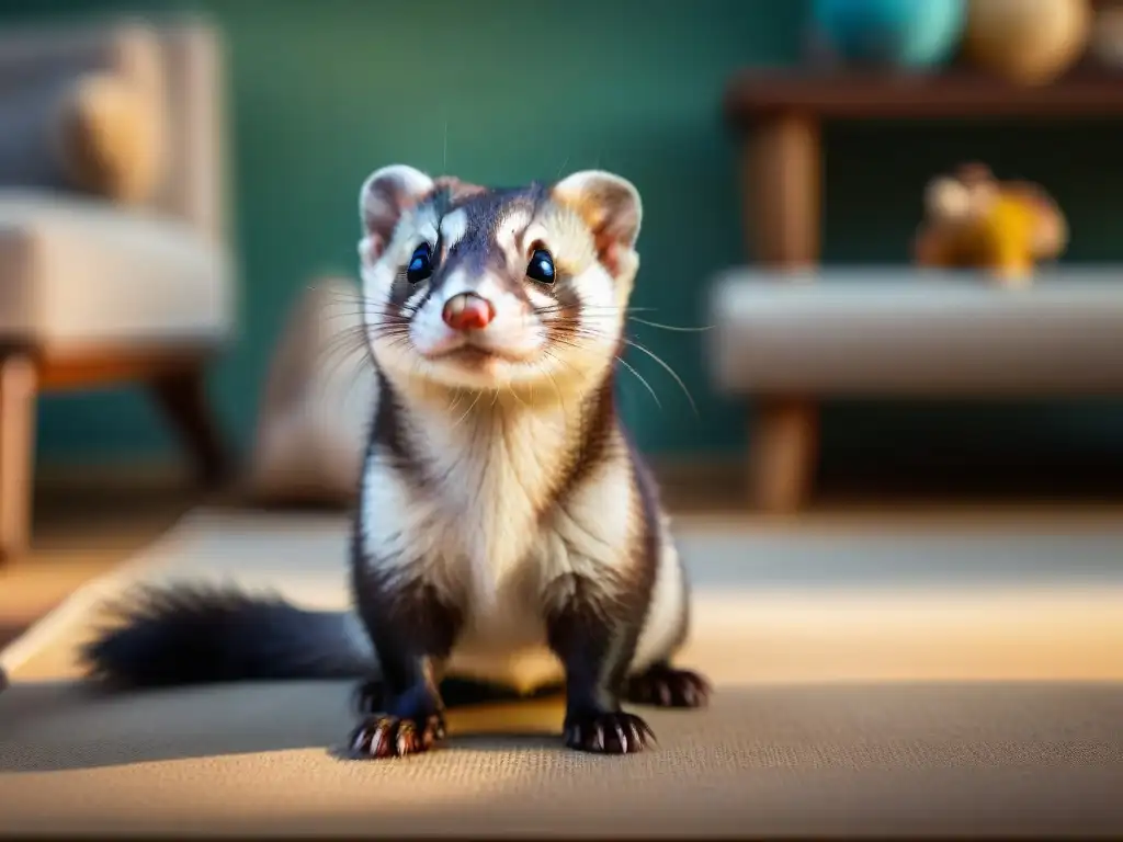 Adorable hurón curioso explorando su hogar acogedor Un hurón curioso de pelaje brillante y ojos inquisitivos, en un ambiente acogedor con juguetes