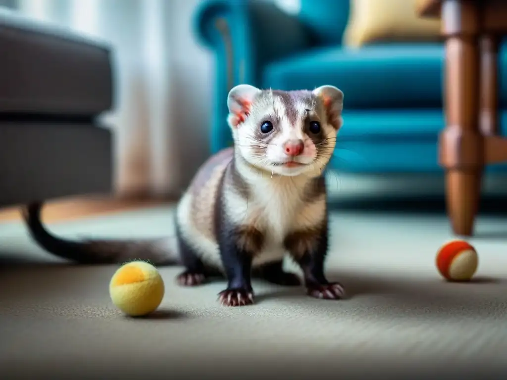 Tierno hurón curioso en sala acogedora Un hurón curioso en posición erguida, con mirada brillante y lenguaje corporal alerta