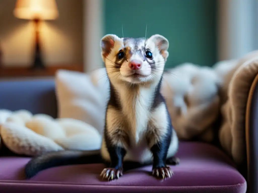 Adorable hurón curioso en salón acogedor Un hurón curioso en una sala acogedora, expresando juguetón lenguaje corporal
