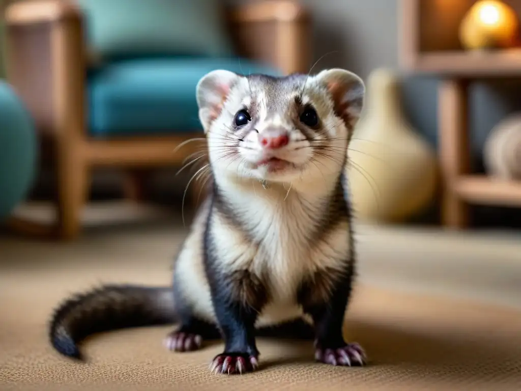 Curioso hurón en ambiente acogedor Un hurón curioso en una sala acogedora, con ojos y orejas atentos