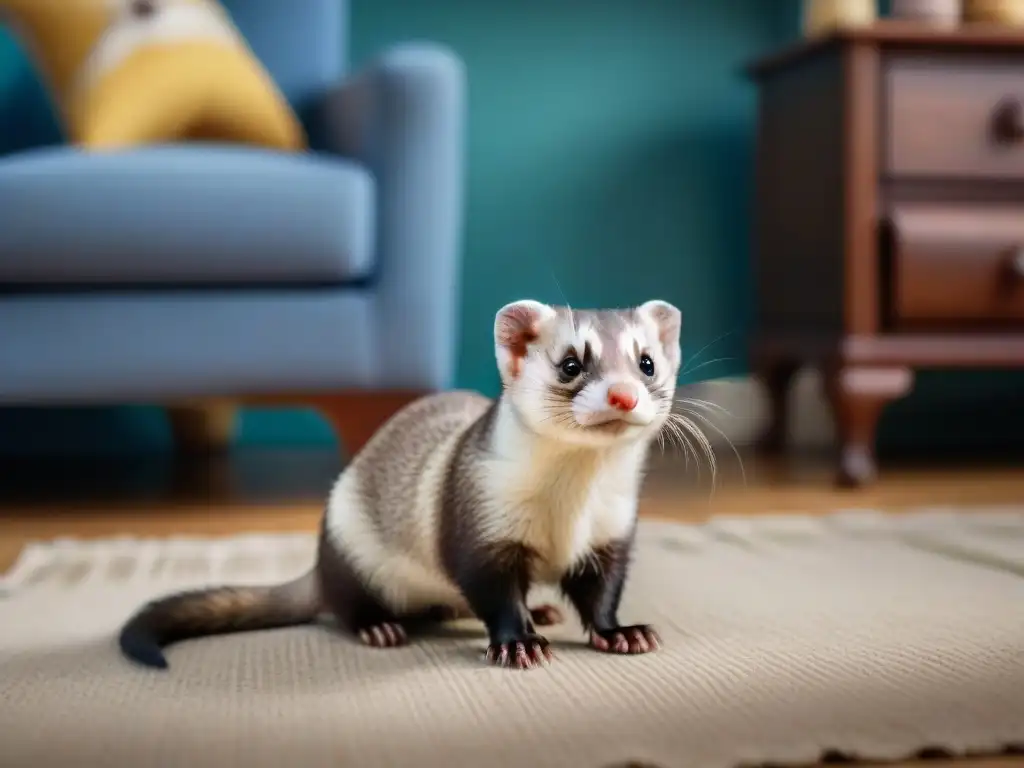 Adorable hurón doméstico curioso en salón acogedor Un hurón curioso en una sala de estar, su mirada alerta y orejas atentas, interpretación lenguaje corporal hurón