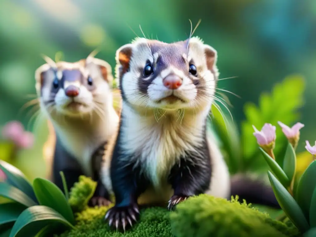 Ferrets juguetones en jardín colorido Hurones mascotas exóticas disfrutan jugando en un jardín vibrante, entre flores y hierba alta, bajo la cálida luz del sol