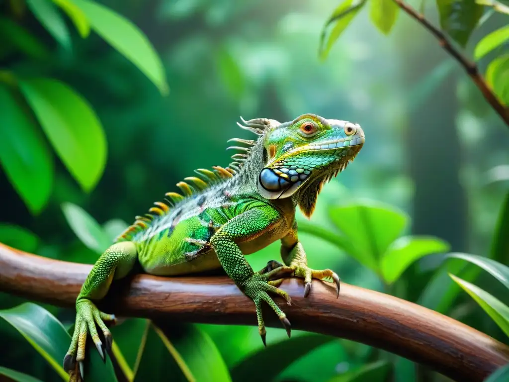 Una iguana verde vibrante en su hábitat natural, resplandeciendo bajo el sol entre exuberante vegetación tropical