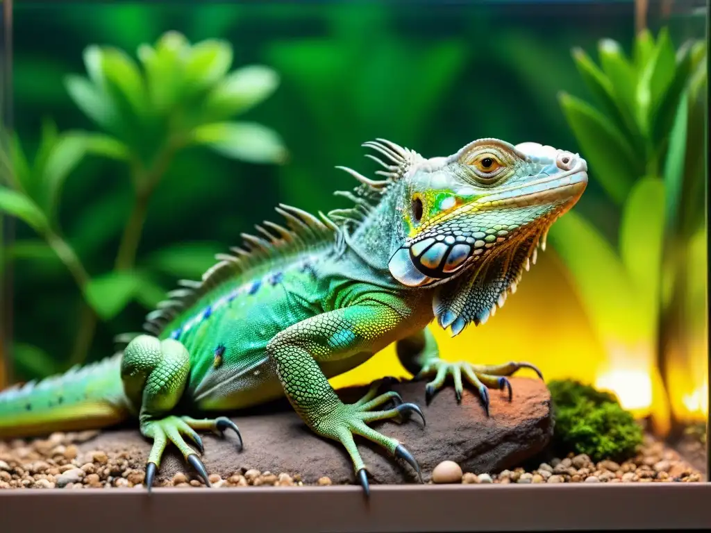 Exótica iguana verde en terrario: detalle y color vibrante Una iguana verde vibrante reluciendo bajo una lámpara de calor en un terrario espacioso y bien equipado