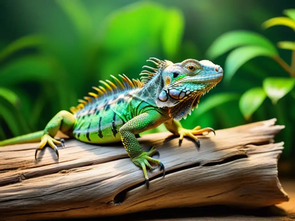 Esplendor iguana: terrario tropical para reptiles Una iguana verde vibrante descansando bajo una lámpara de calor en un terrario exótico