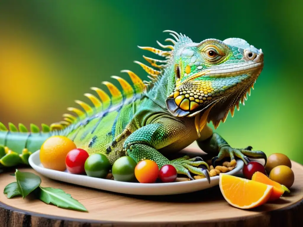 Un iguana vibrante disfruta de alimentos premium con expresión contenta