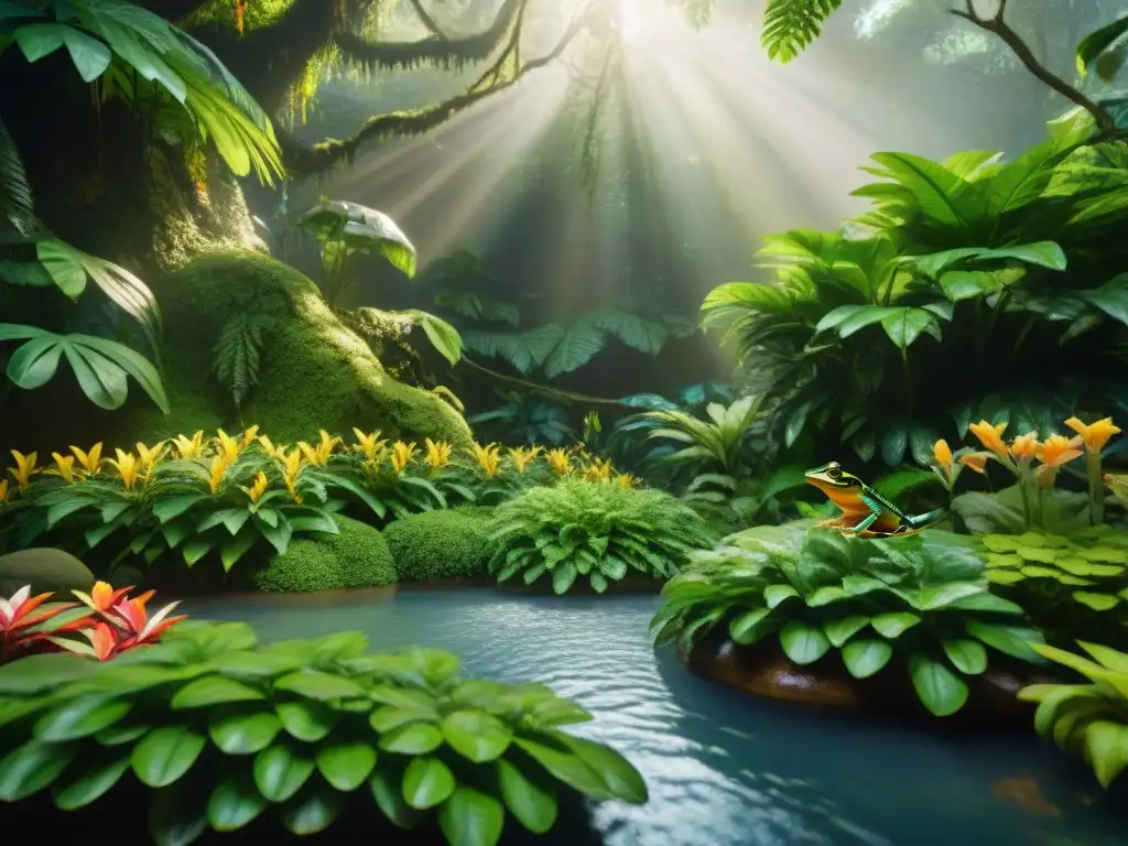 Una ilustración detallada de un hábitat de selva tropical con una diversidad de ranas exóticas conviviendo pacíficamente