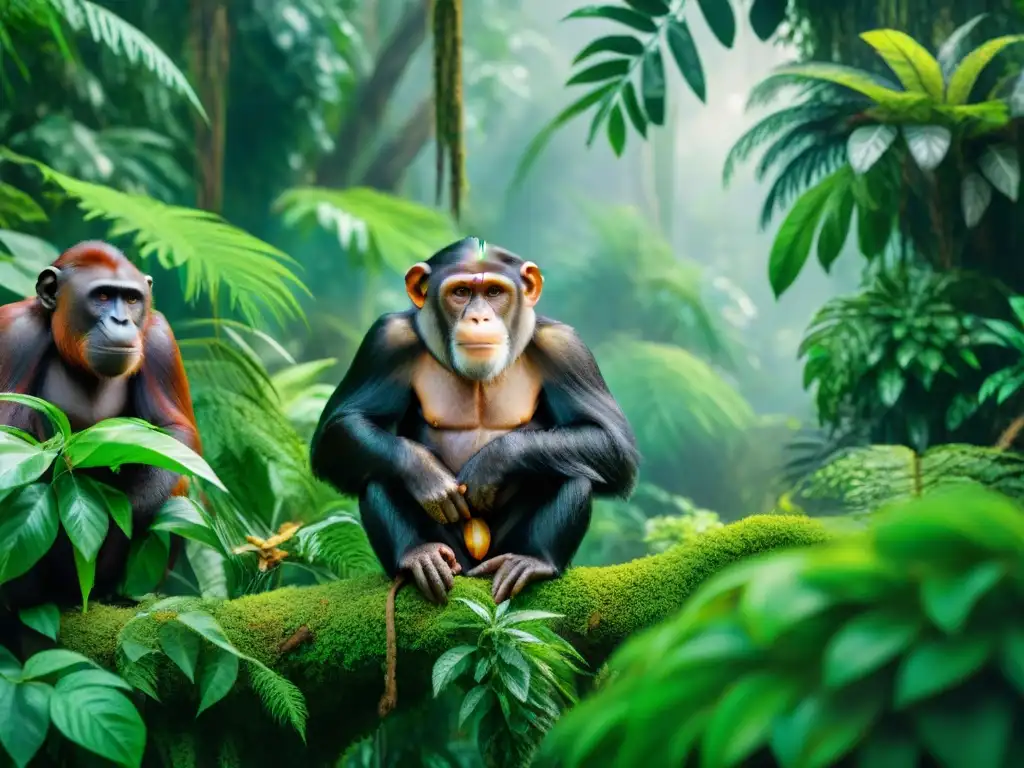 Primates en la selva: expresiones únicas y personalidades vibrantes Una ilustración detallada de primates en la jungla que muestra personalidad y exotismo