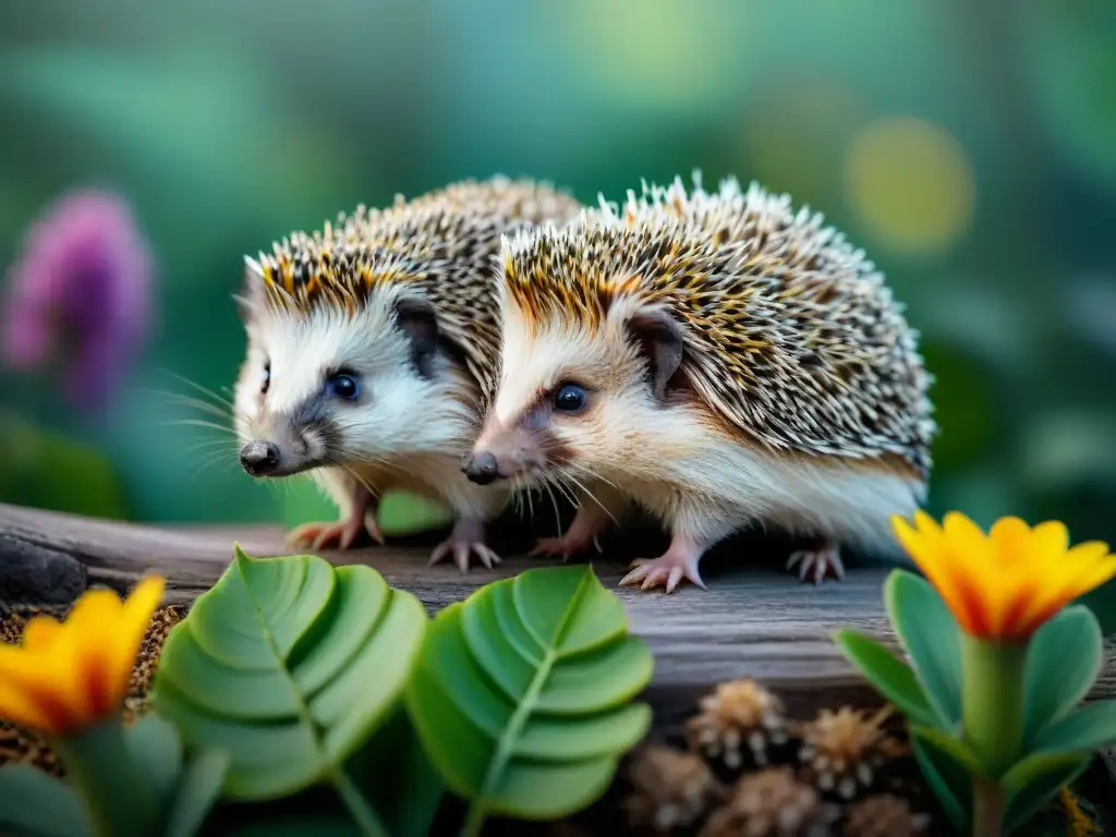 Hedgehogs exóticos: ilustración detallada en entorno tropical Una ilustración detallada de variedades raras de erizos exóticos en un exuberante entorno tropical
