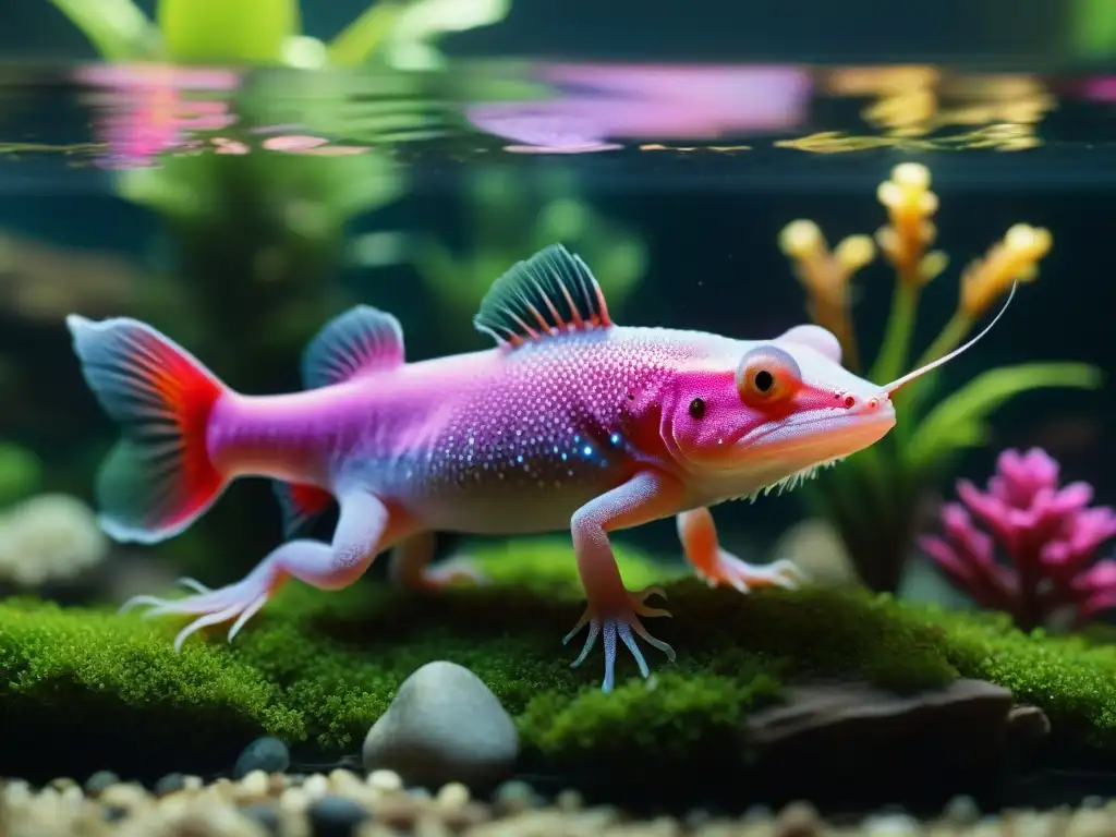 Hermoso axolote nadando en acuario cristalino La imagen muestra un axolote nadando con gracia en un acuario cristalino, con detalles vibrantes y un hábitat submarino exuberante