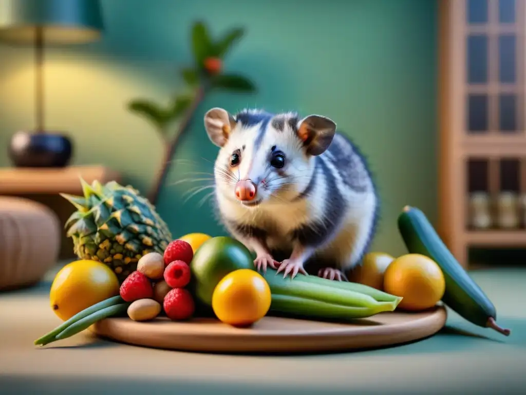 Oposum curioso descubriendo su estación de alimentación en sala acogedora Una imagen detallada de un acogedor salón con un zarigüeya curiosa explorando una estación de alimentación especial diseñada con alimentos variados