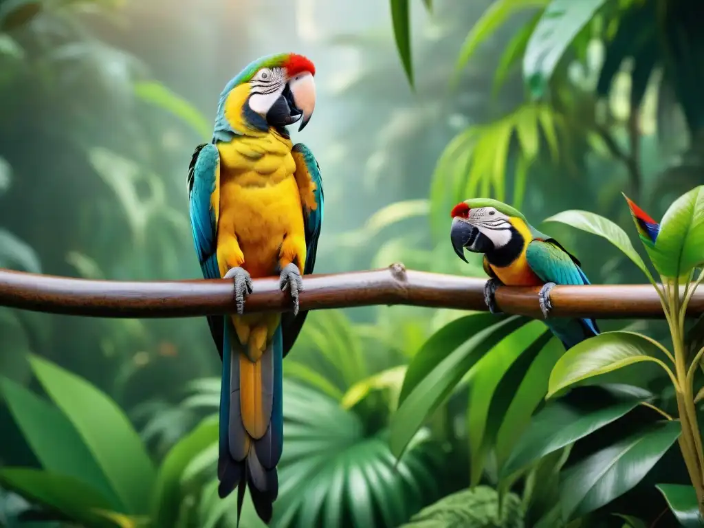 Armonía animal: exóticas mascotas en la jungla Una imagen detallada y fotorrealista de mascotas exóticas en armonía en la selva