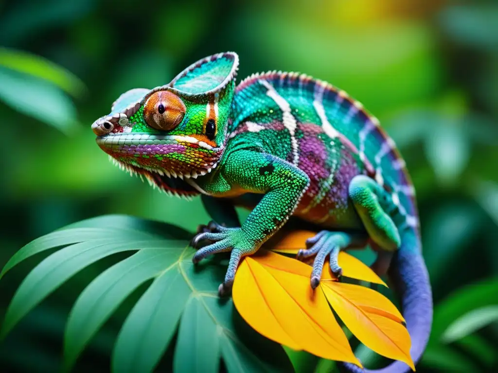 Imagen detallada de un camaleón pantera en una hoja verde en la selva tropical