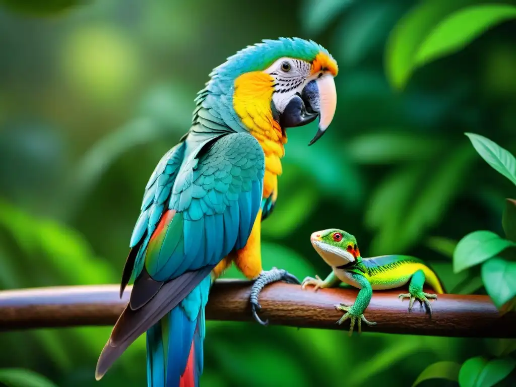 Imagen detallada de mascotas exóticas en la selva, destacando la diversidad y belleza