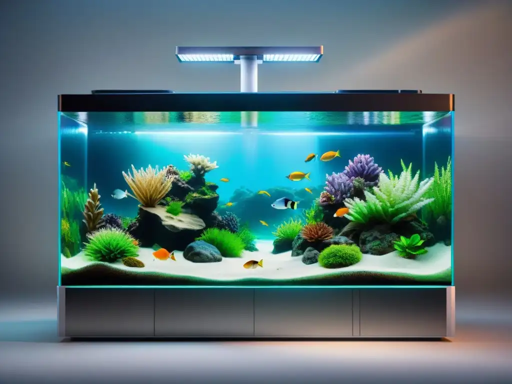 Acuario de lujo para peces exóticos: sistema de filtración de vanguardia Una imagen detallada de un sistema de filtración avanzada para peces exóticos, resaltando su modernidad y precisión