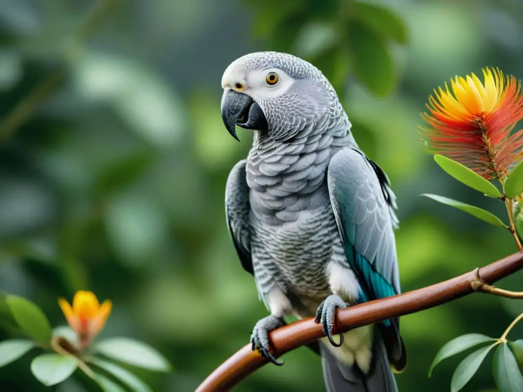 Exótico loro gris africano en la jungla: detalle y realismo Imagen impactante de un majestuoso loro gris africano en su hábitat natural