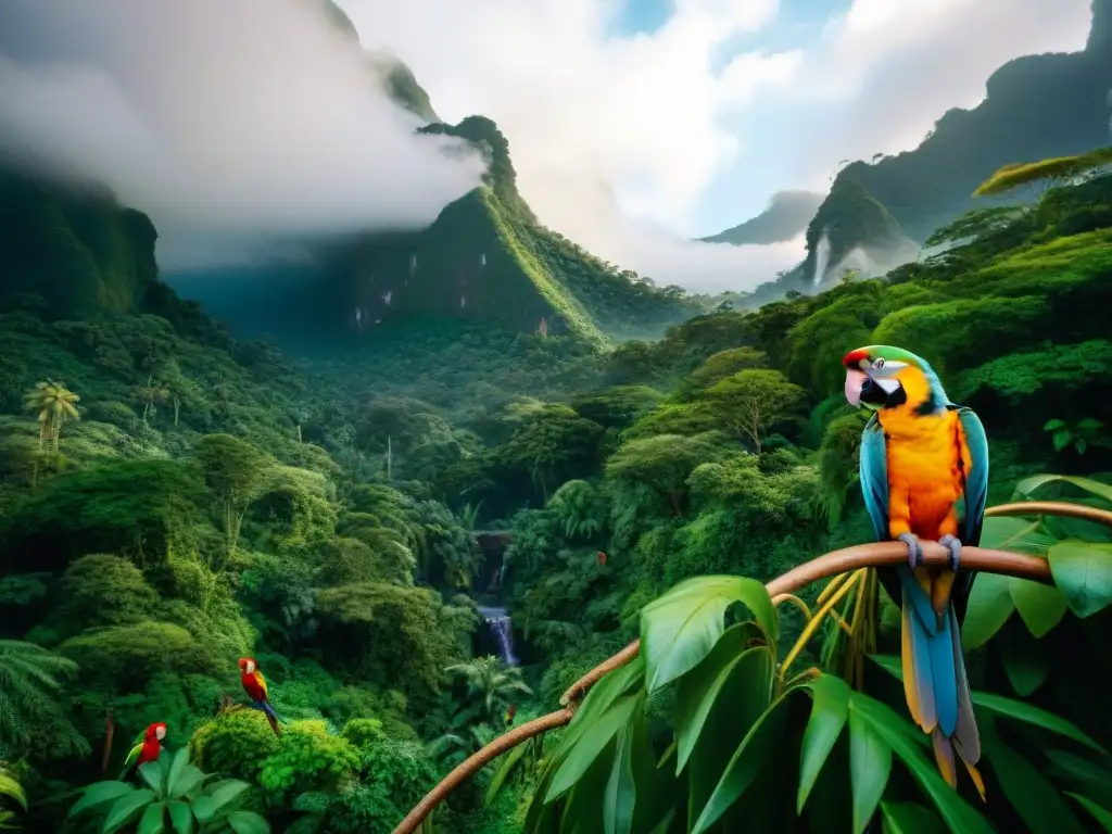 Selva tropical exótica: biodiversidad vibrante Imagen realista de una exuberante selva tropical llena de animales exóticos, resaltando la importancia de origen y evolución mascotas exóticas