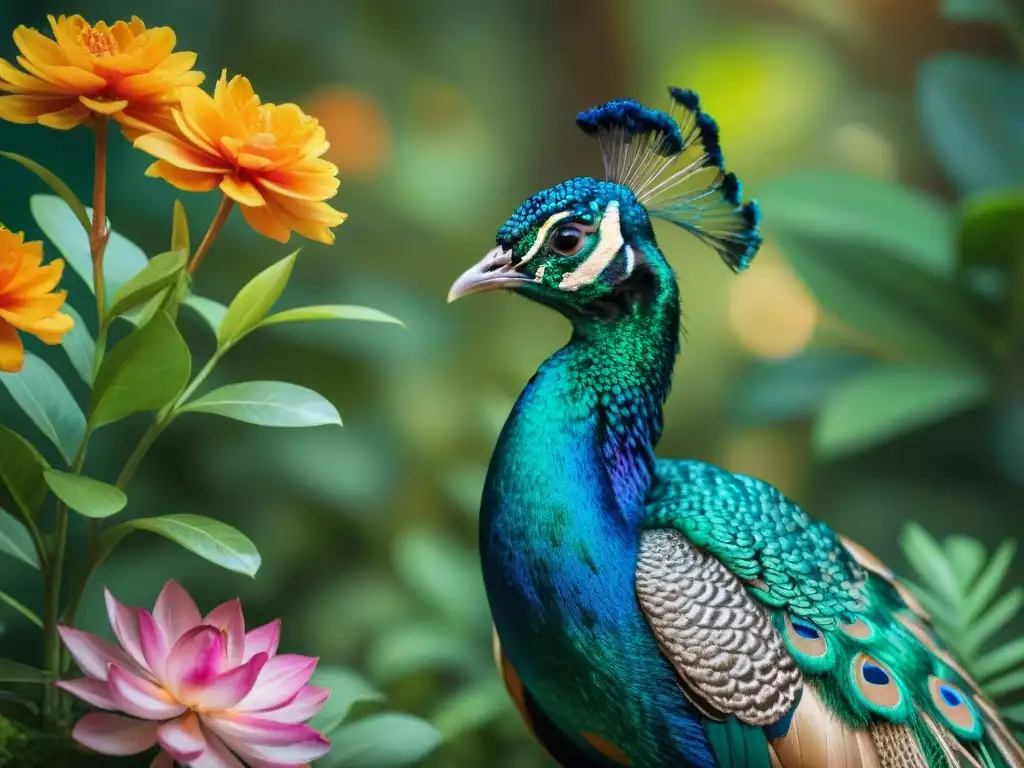 Peacock: integración de Ayurveda en mascotas exóticas Imagen realista de un majestuoso pavo real rodeado de plantas exóticas, reflejando el tratamiento ayurveda para mascotas exóticas