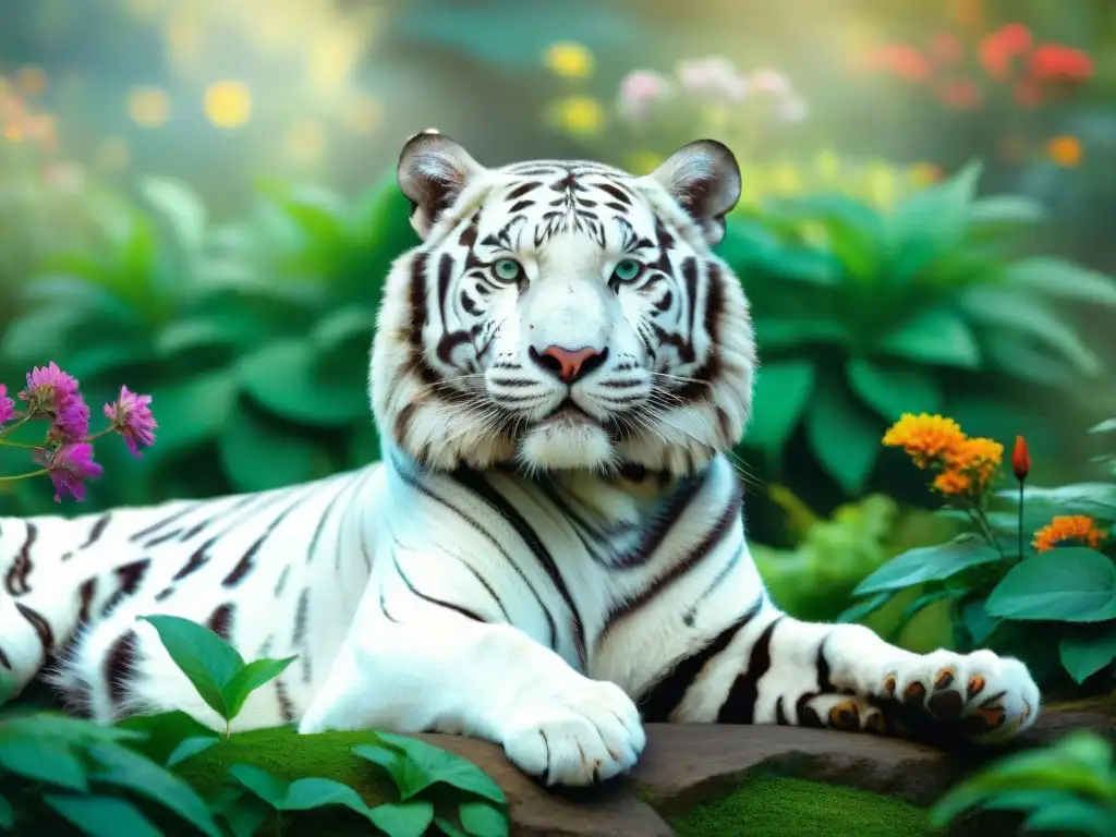 Esencia de Ayurveda: Tigre blanco descansando en jardín exótico Imagen realista de un majestuoso tigre blanco de Bengala descansando en un jardín de hierbas Ayurveda, junto a animales exóticos