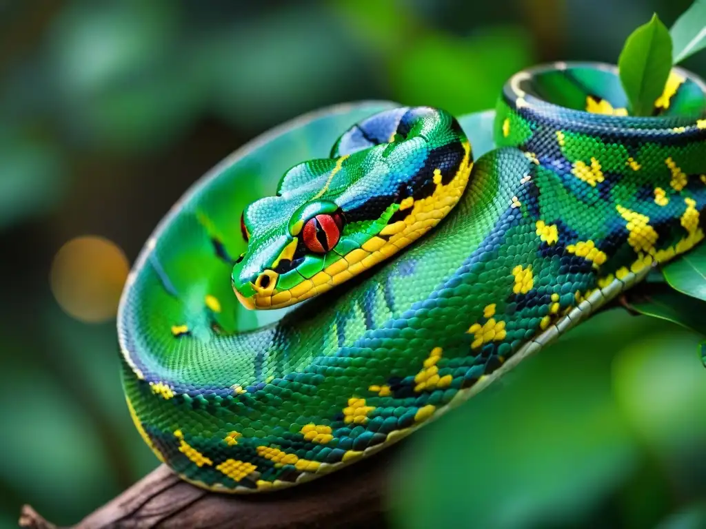 Espléndida pitón verde en su hábitat natural Imagen realista de una pitón verde enroscada en una rama, bajo rayos de sol en la selva, ideal para criar serpientes en cautiverio