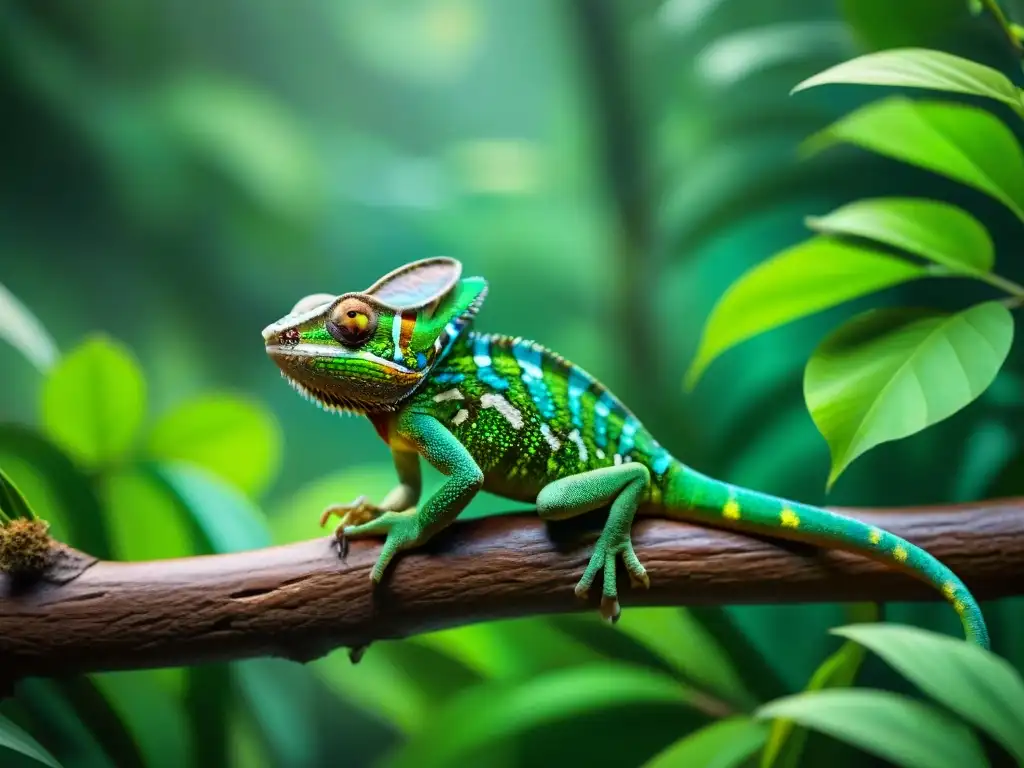 Una imagen de un camaleón verde vibrante en una rama, observando una aplicación de seguimiento de comportamiento en una tableta digital