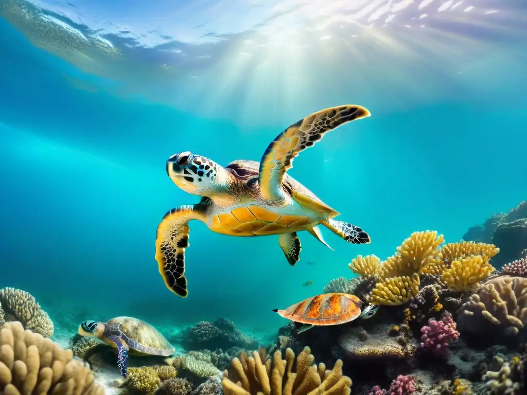 Travesía desesperada: tortugas marinas luchan en arrecife blanqueado Impactante imagen de tortugas marinas luchando en arrecife de coral blanqueado por consecuencias del cambio climático