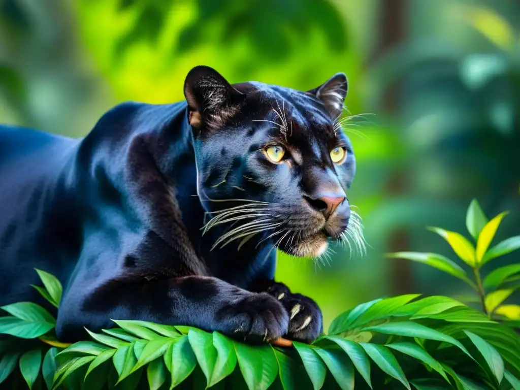 Pantera negra majestuosa en la jungla exótica Imponente pantera negra descansando en la exuberante selva, destacando su elegante pelaje bajo la luz filtrada