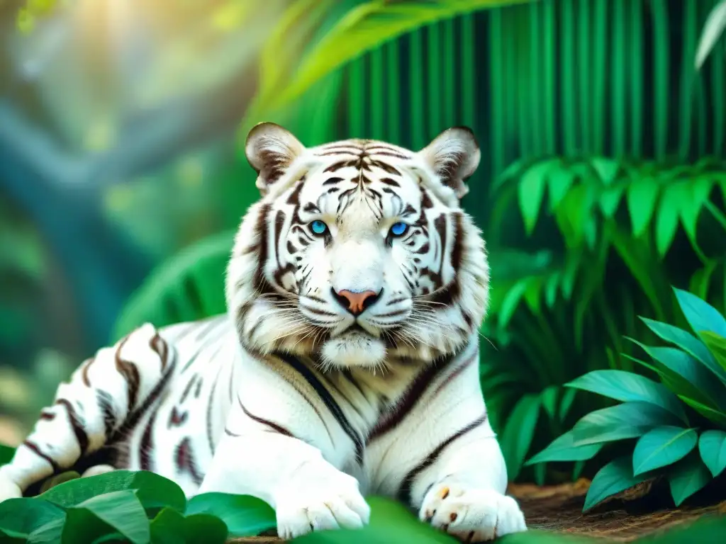 Espléndido tigre blanco de Bengala en la jungla tropical Imponente tigre blanco de Bengala descansa en la selva tropical
