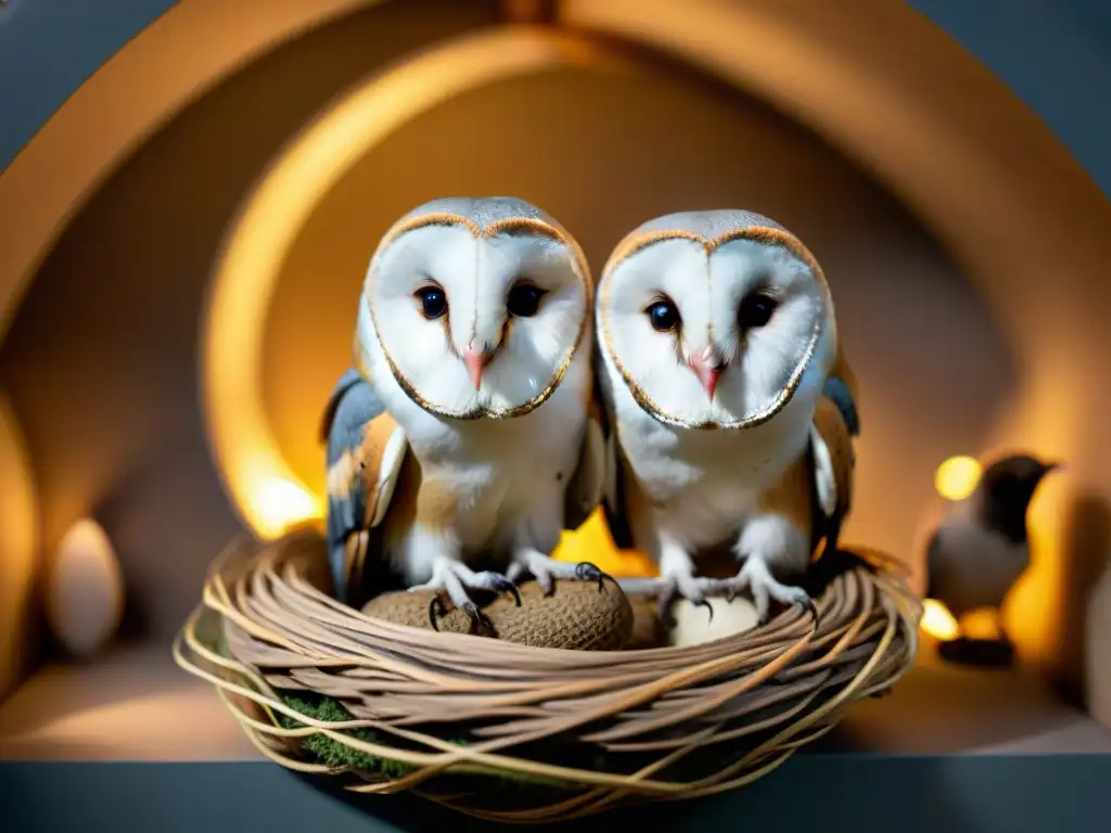 Búhos majestuosos en cautiverio: detalle y autenticidad Imponentes rapaces nocturnas en cautiverio, detalladas plumas y ambiente auténtico