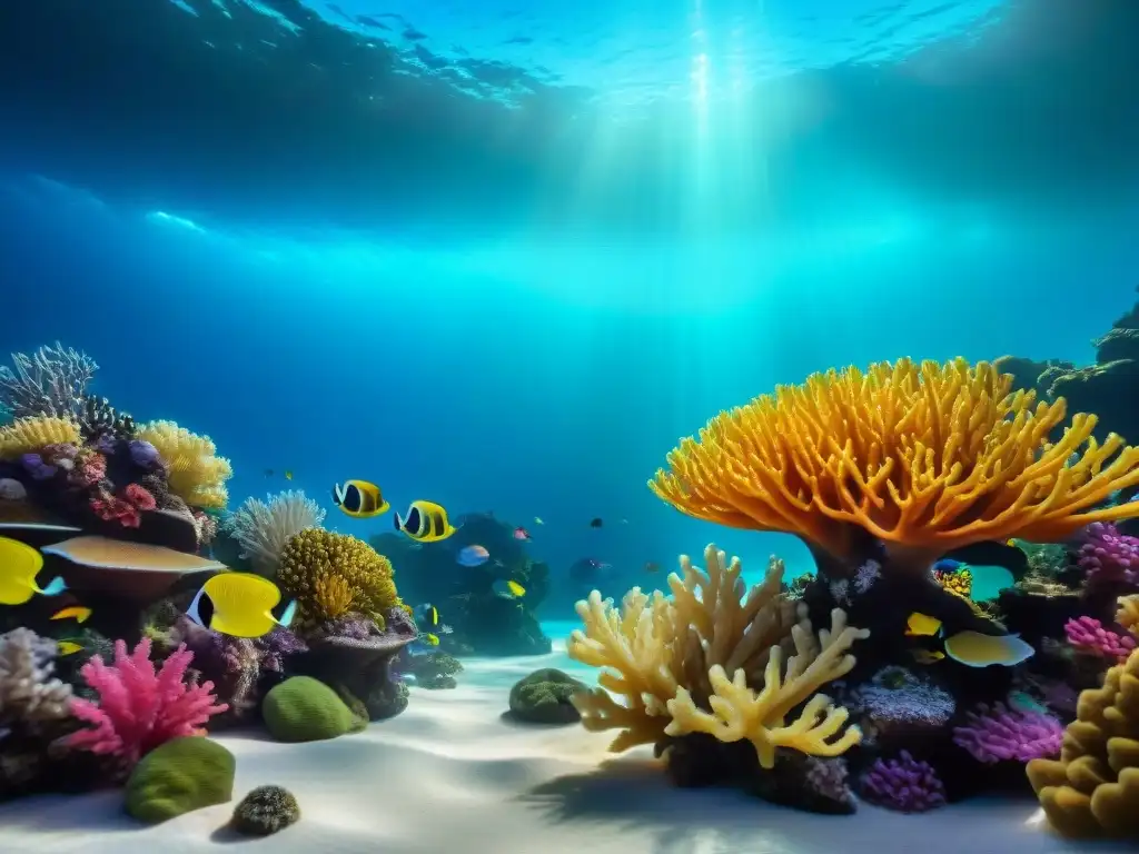 Espectacular arrecife de coral submarino en acuario Un impresionante ecosistema submarino vibrante y diverso en acuario de agua salada