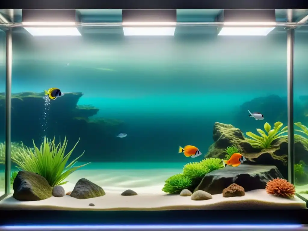 Sistema de filtración de agua para acuarios de peces exóticos Una impresionante filtración avanzada para peces exóticos en un acuario de lujo, destacando tecnología de vanguardia