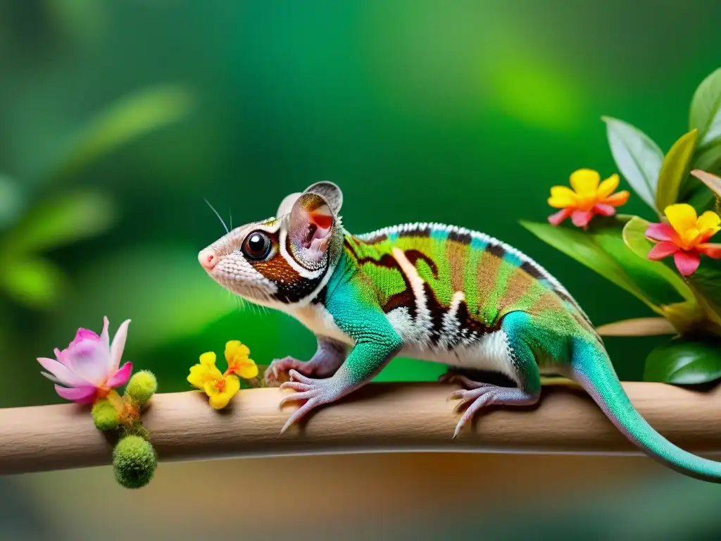 Un increíble escenario de mascotas exóticas con un camaleón, un planeador del azúcar, un pez tropical, un erizo y un loro