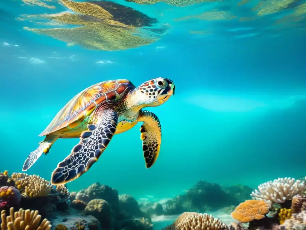 Belleza marina: tortuga nadando entre corales vibrantes Influencia de tortugas marinas: Impresionante tortuga marina nadando en arrecife de colores vibrantes